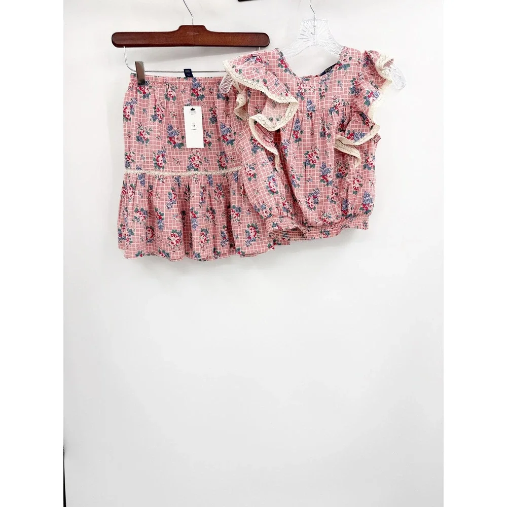 Polo Ralph Lauren Kids Pink Floral Grid Ruffle Top and Skirt Set Size 14
